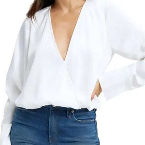 NWT Good American White Long Sleeve Stretch Satin Faux Wrap Top